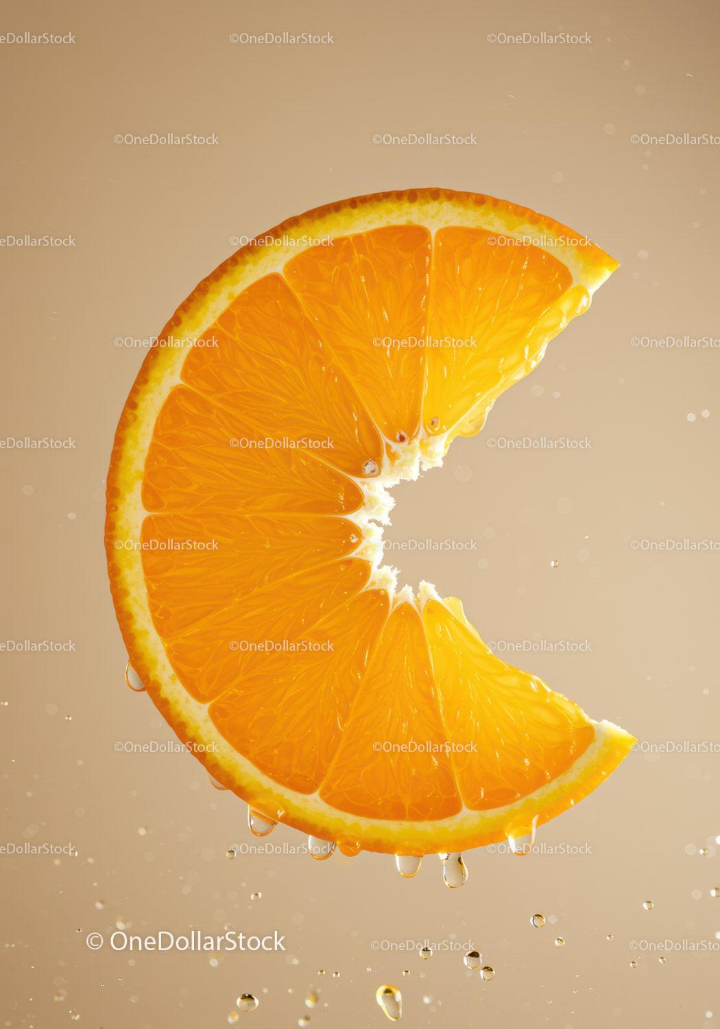 Fresh Orange Slice with Juicy Droplets on Neutral Background