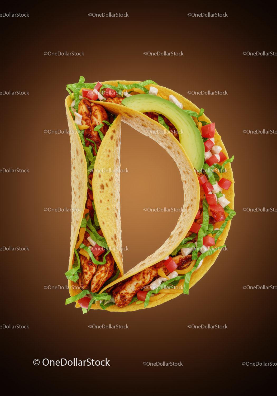 Taco shaped like letter D with fresh ingredients