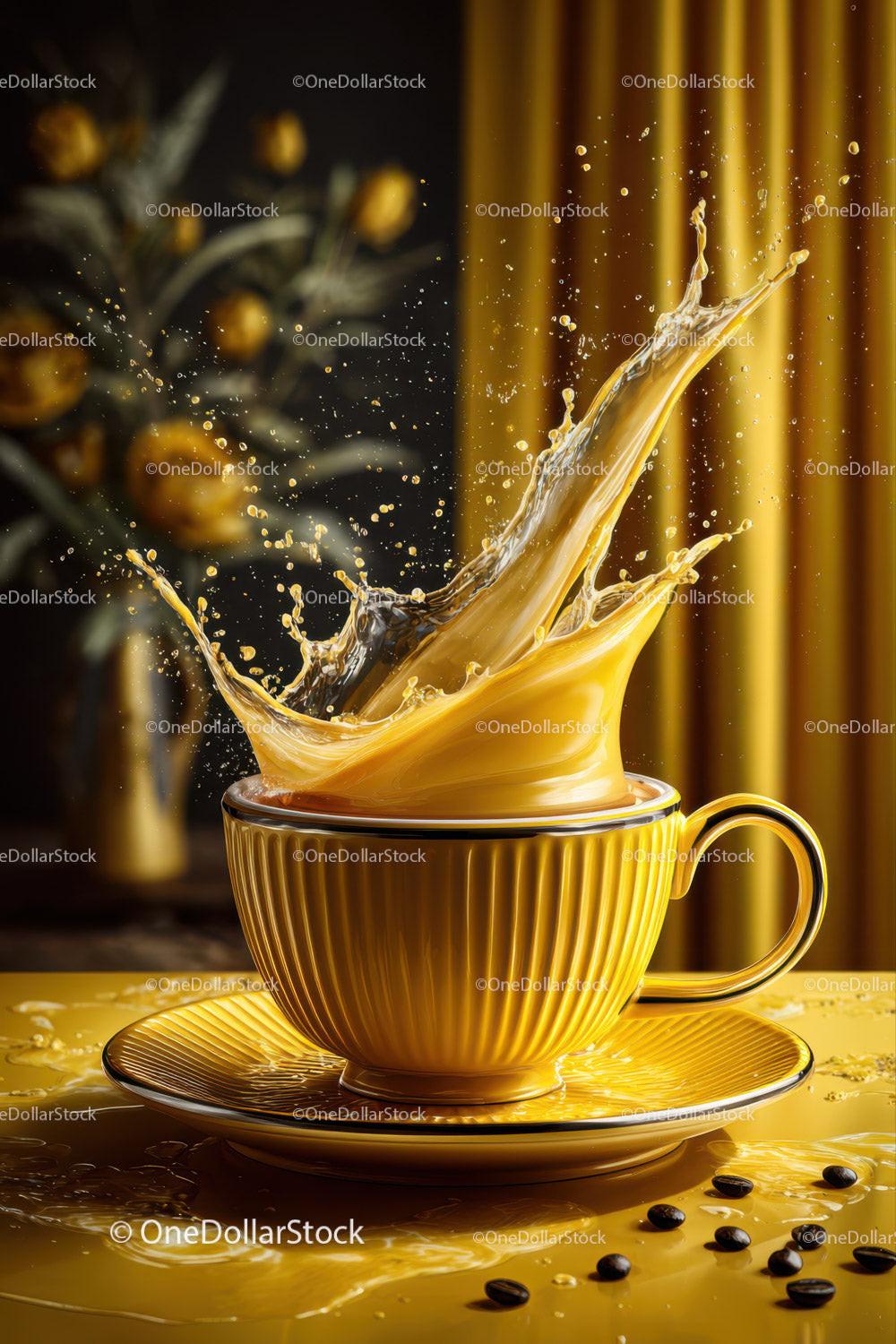 Vibrant Yellow Coffee Splash in Elegant Ceramic Mug