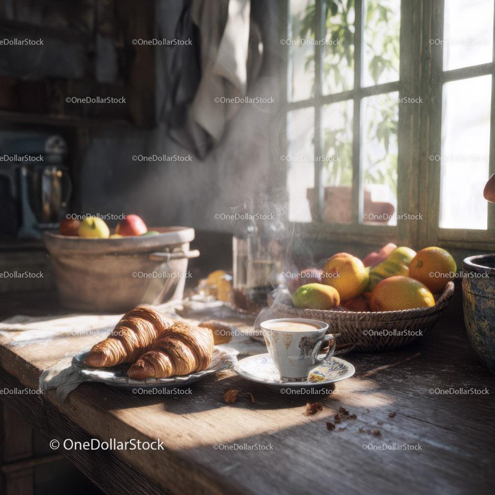 Rustic Breakfast with Croissants Coffee and Fresh Fruit Stock Photo Bundle preview 10