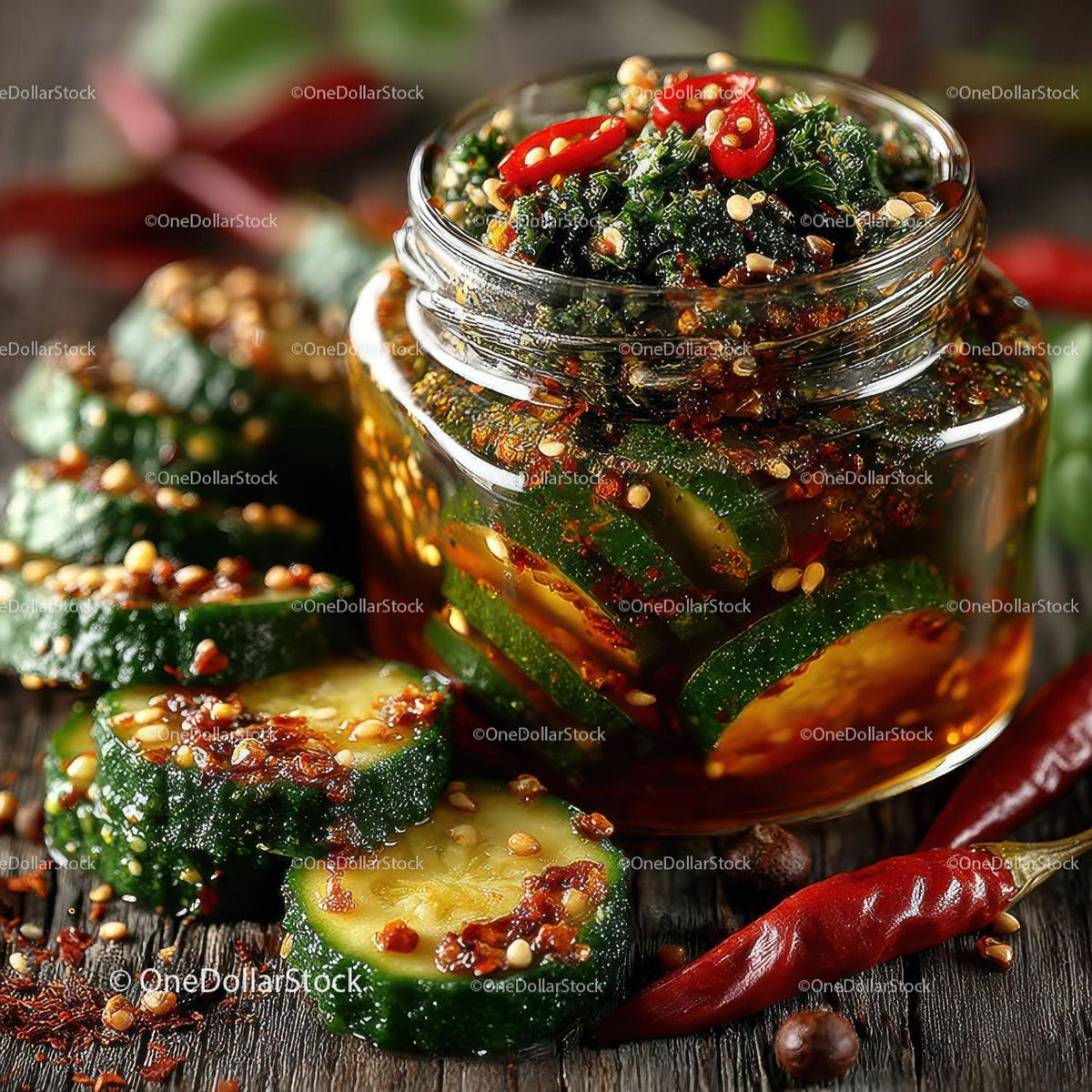 Spicy Chili and Cucumber Preserves in Glass Jar with Fresh Ingredients