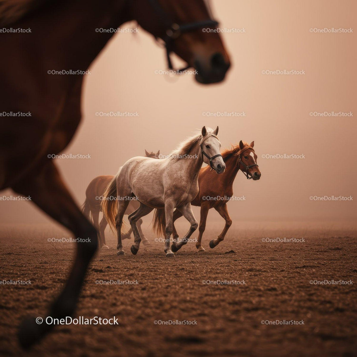 Majestic Herd of Brown Horses Running in Sunset Landscape Stock Photo Bundle preview 7