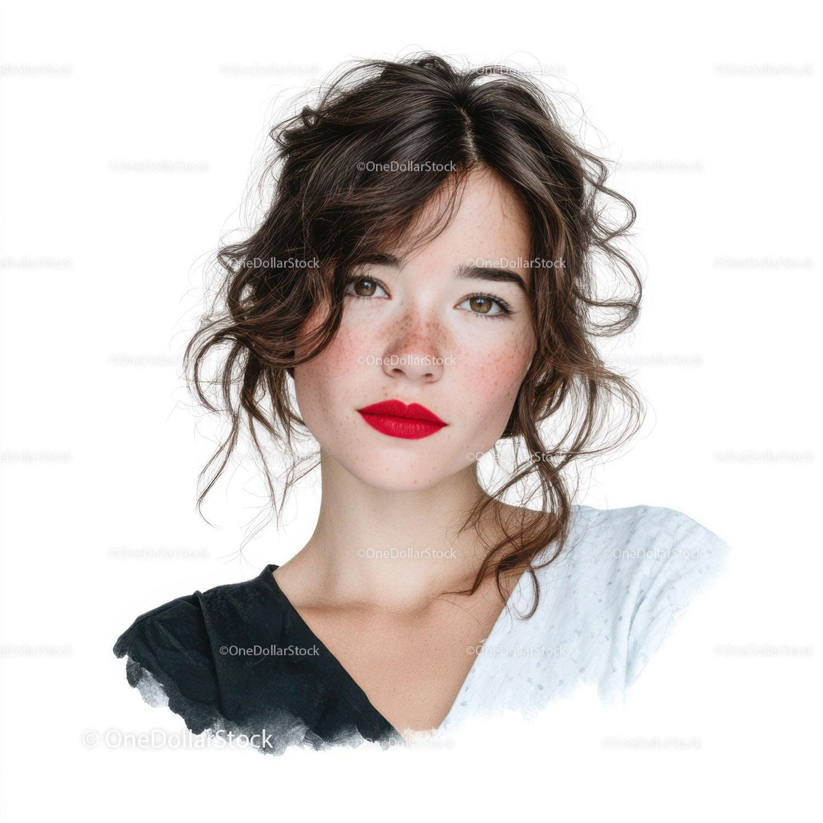 Beautiful Woman with Curly Hair and Red Lips in Studio