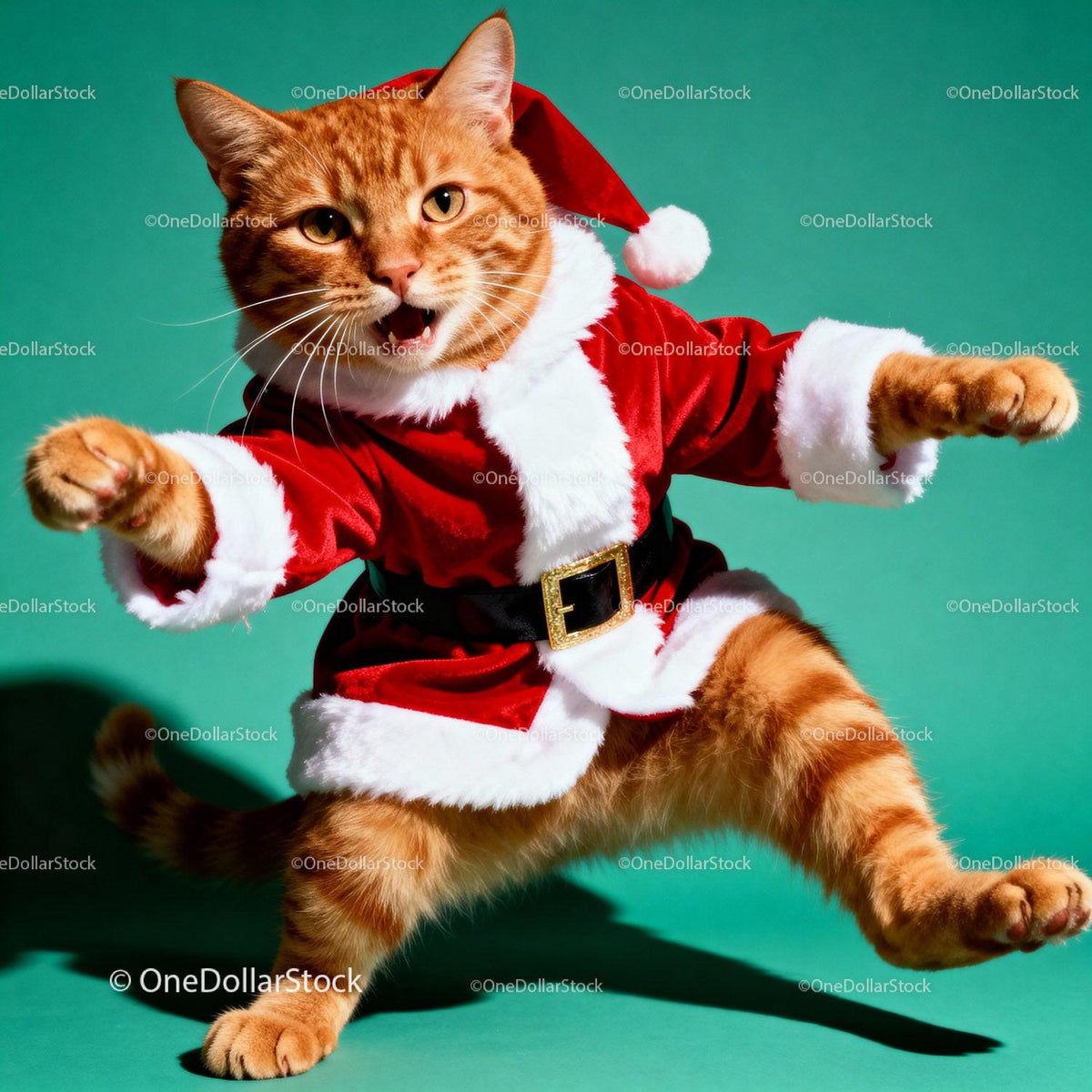 Playful ginger cat in festive Santa Claus outfit