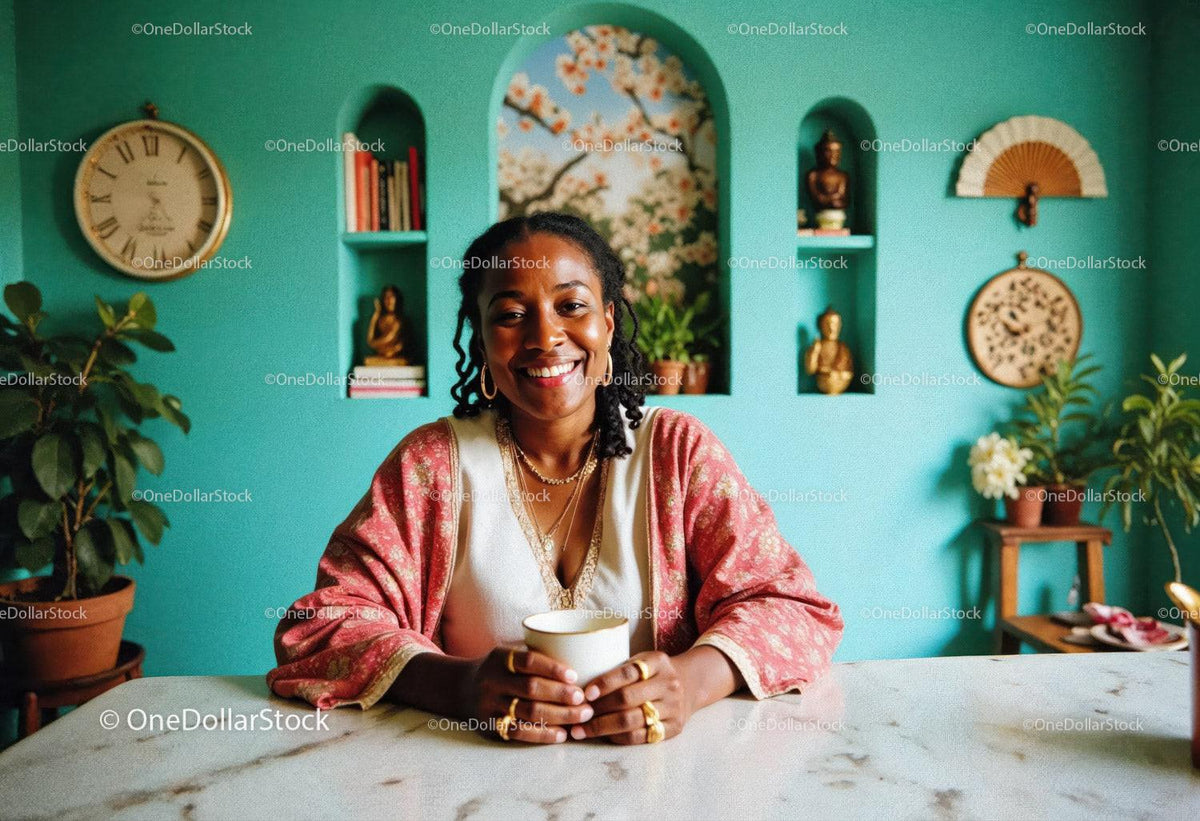 Smiling Woman with Dreadlocks and Jewelry in Colorful Indoor Setting