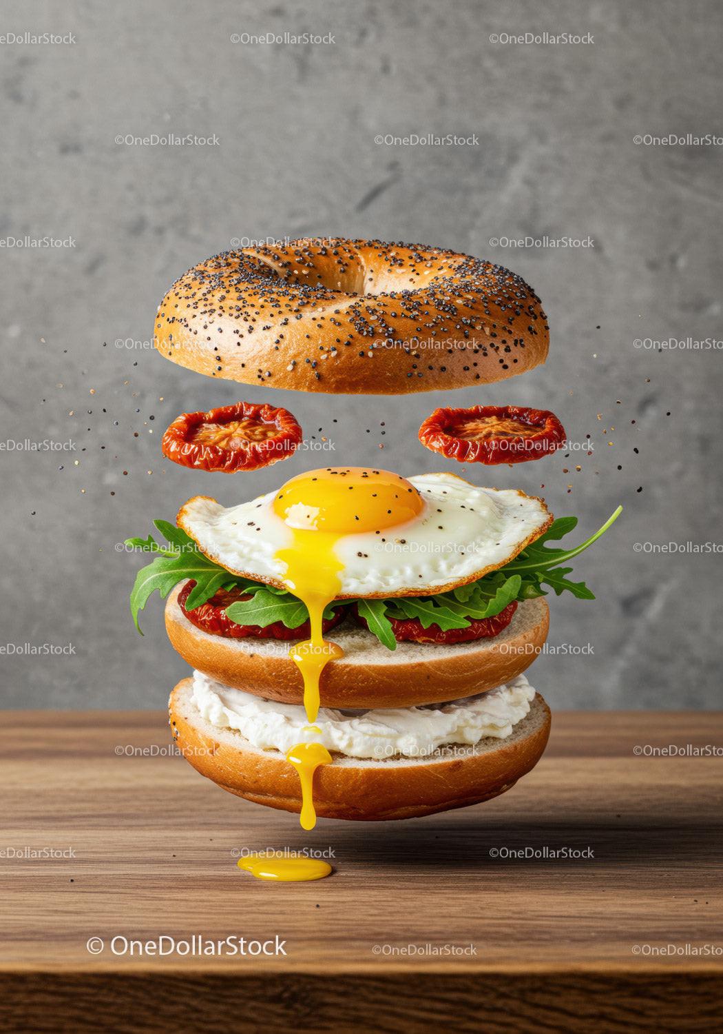 Stacked Bagel with Fried Egg and Sun-Dried Tomatoes