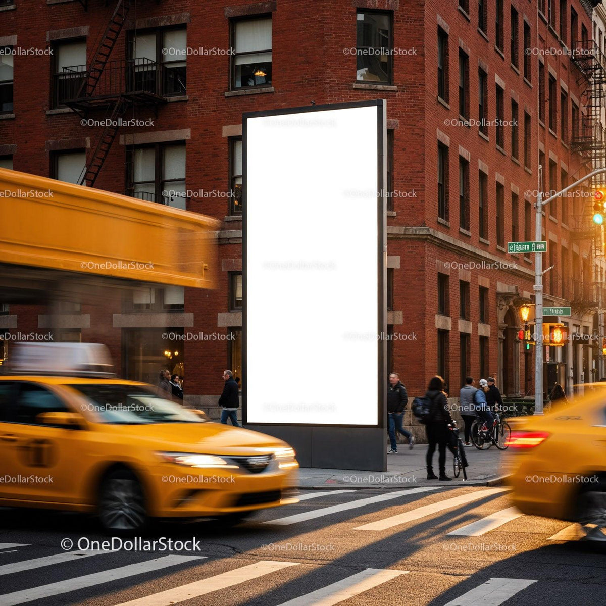 Busy City Intersection with Yellow Taxis and Blank Billboard JPG Mockup Image preview