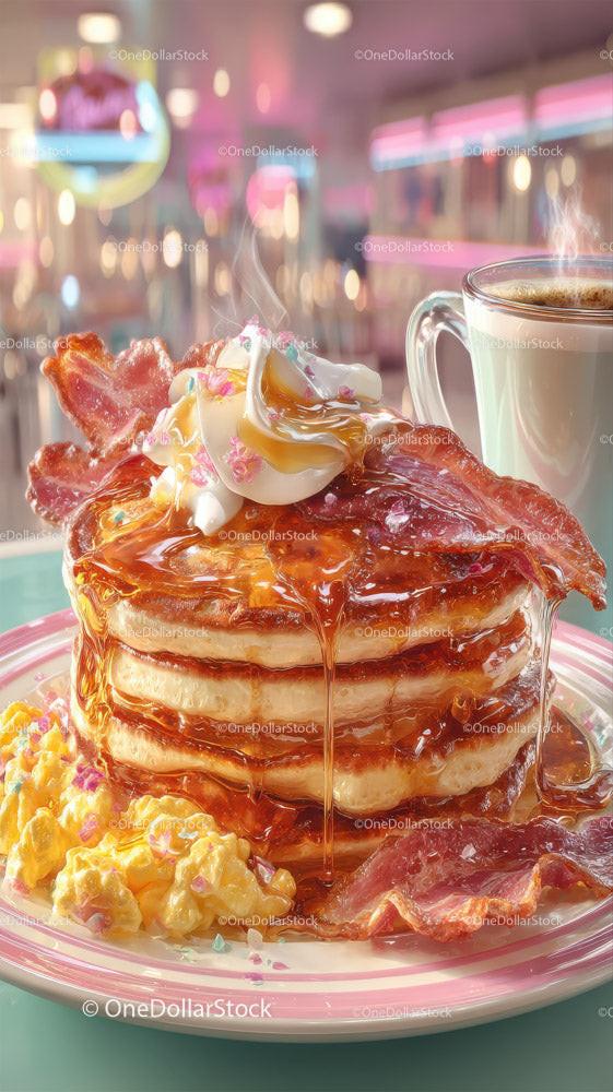 Stack of Golden Pancakes with Caramel, Bacon and Whipped Cream