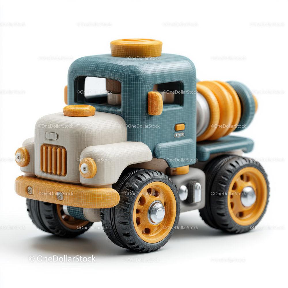 Colorful toy cement mixer truck with blue cab and yellow wheels on white background
