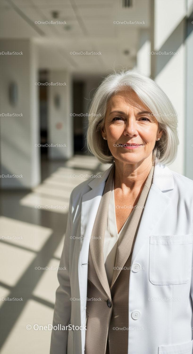 Confident Senior Woman in White Coat Exudes Healthcare Professionalism