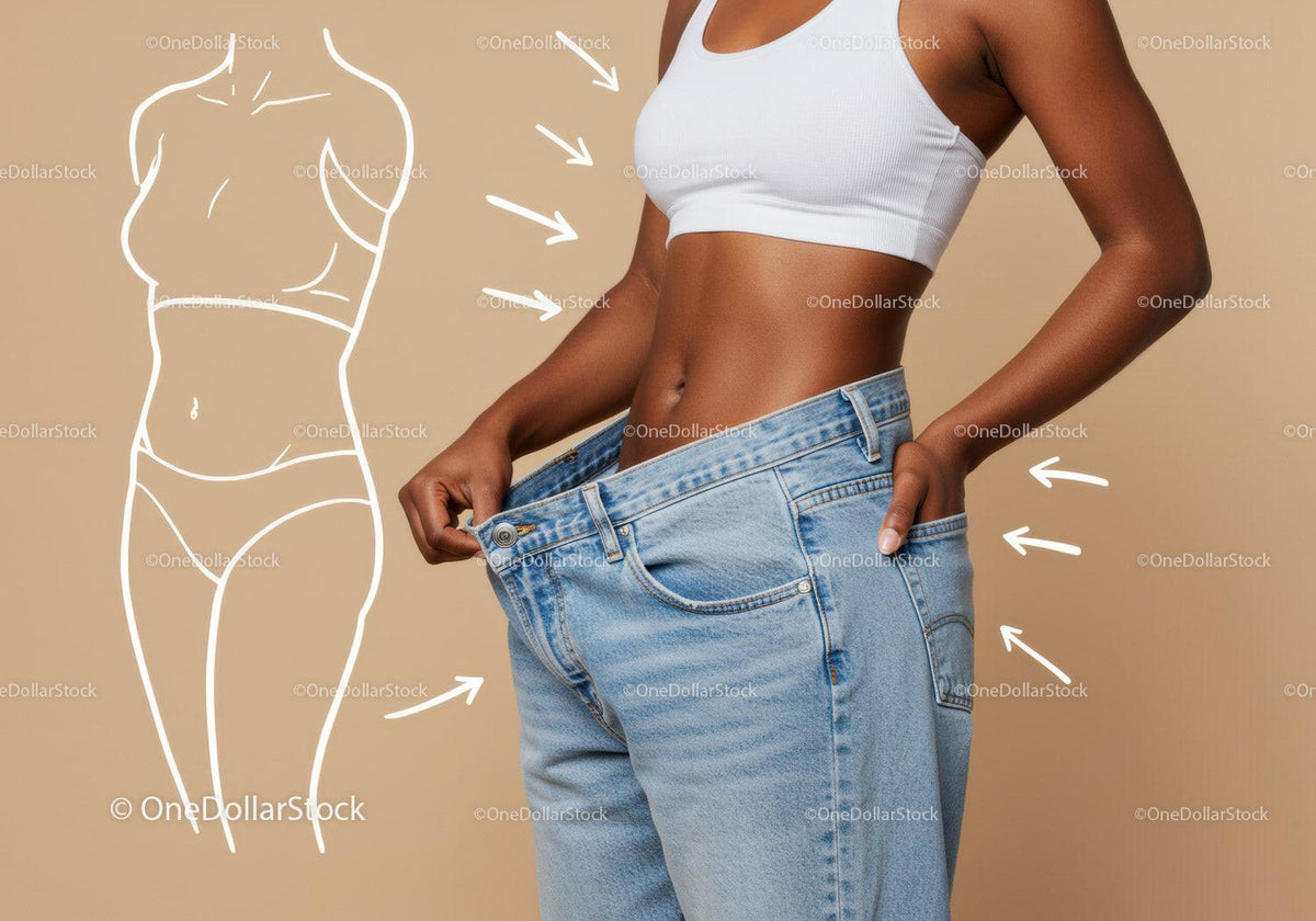 Slim Woman in Jeans Adjusting Waistband for Fitness and Style