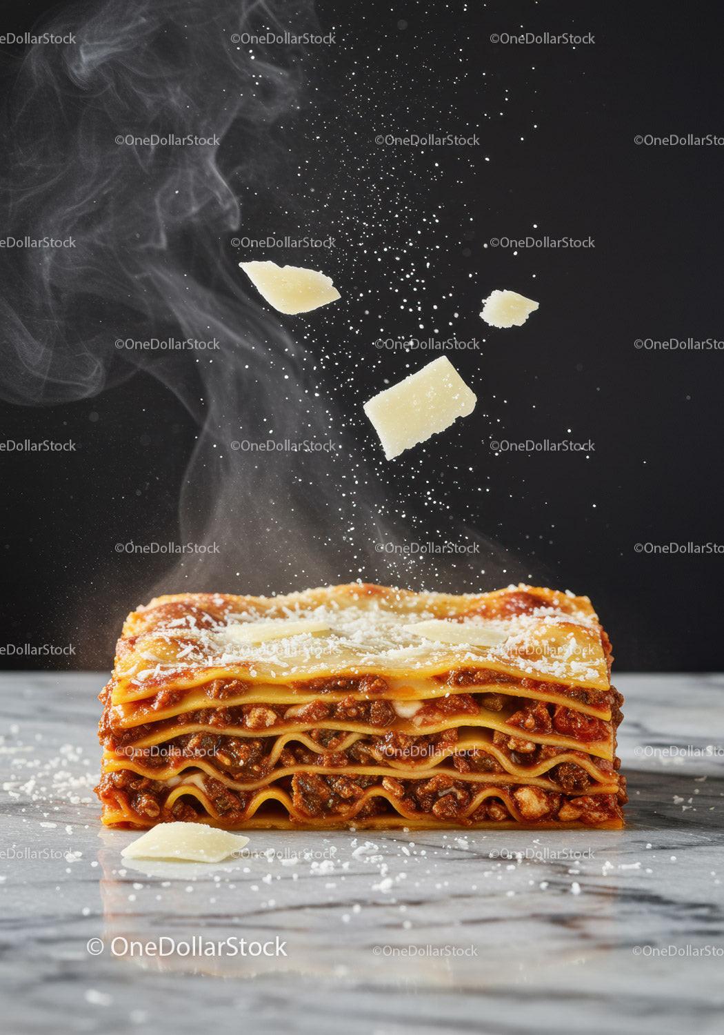 Hot lasagna slice with falling parmesan cheese flakes