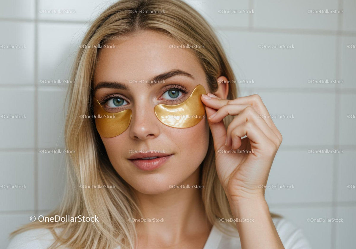 Young Woman with Blue Eyes Wearing Gold Eye Masks for Skincare