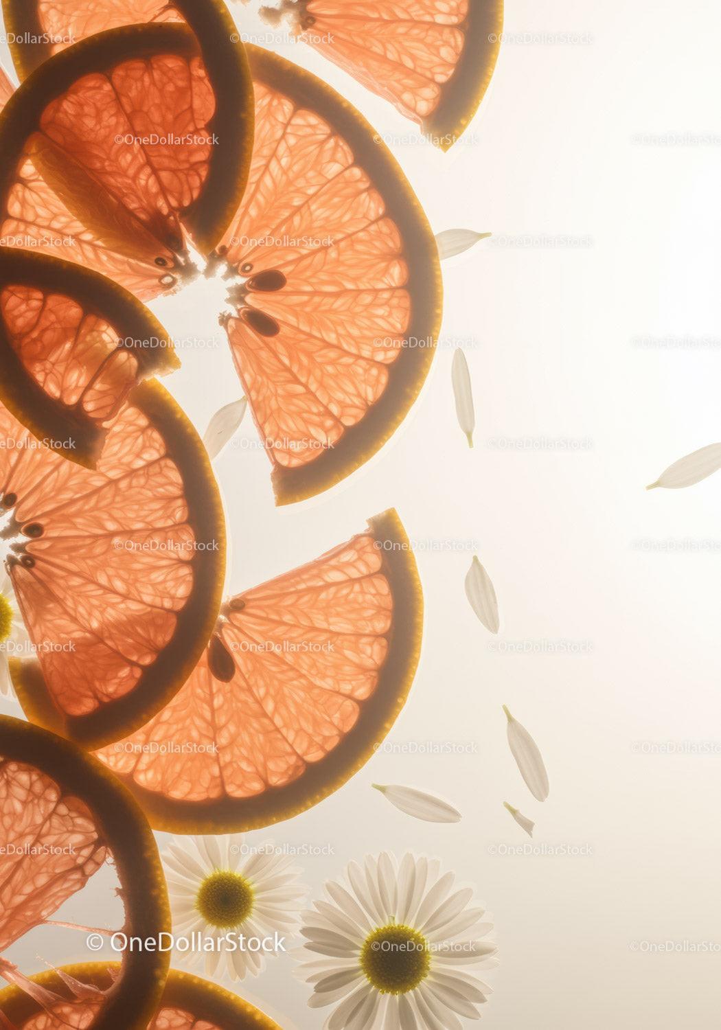 Sunlit grapefruit slices with delicate chamomile petals