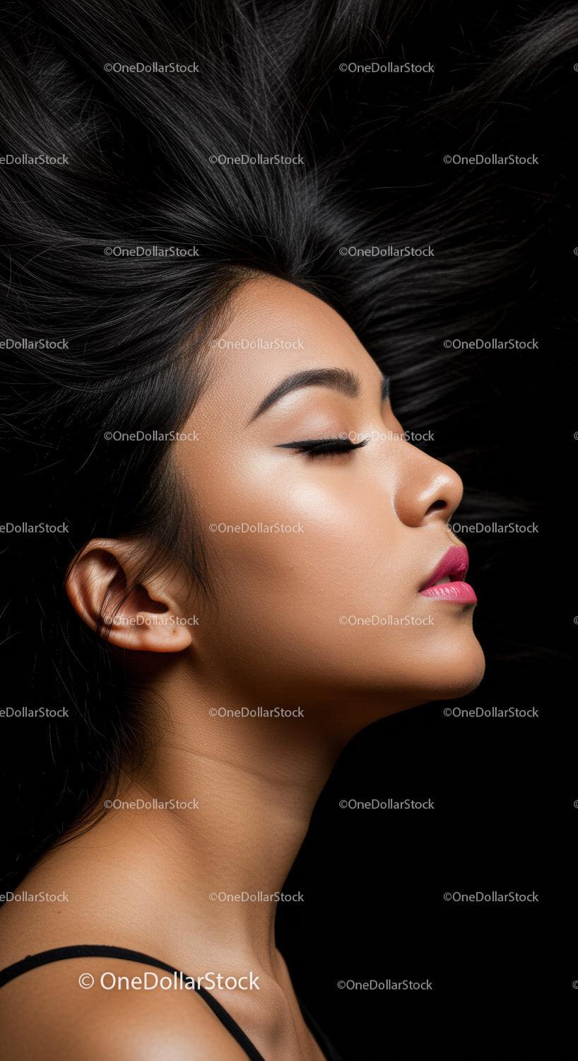 Profile of woman with flowing dark hair and makeup
