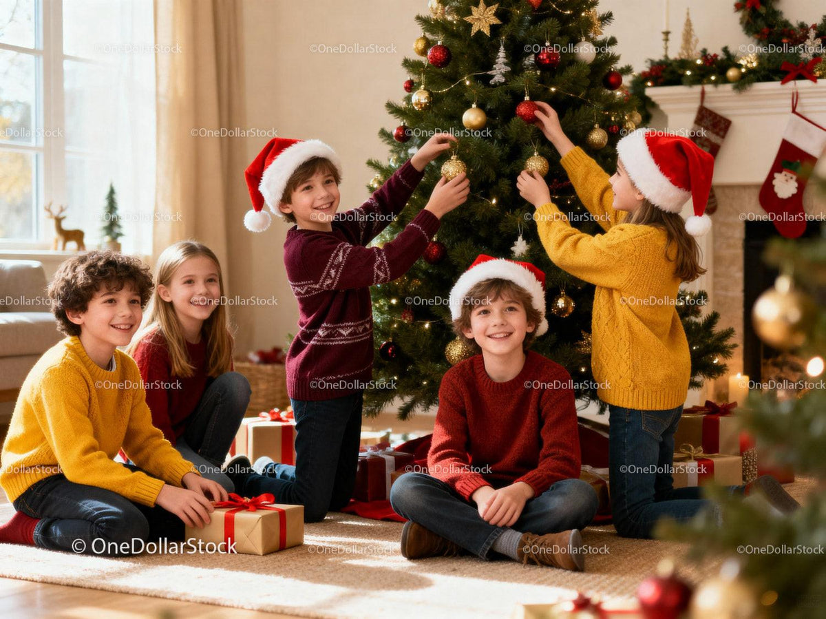 Children Decorating Christmas Tree and Sharing Joy