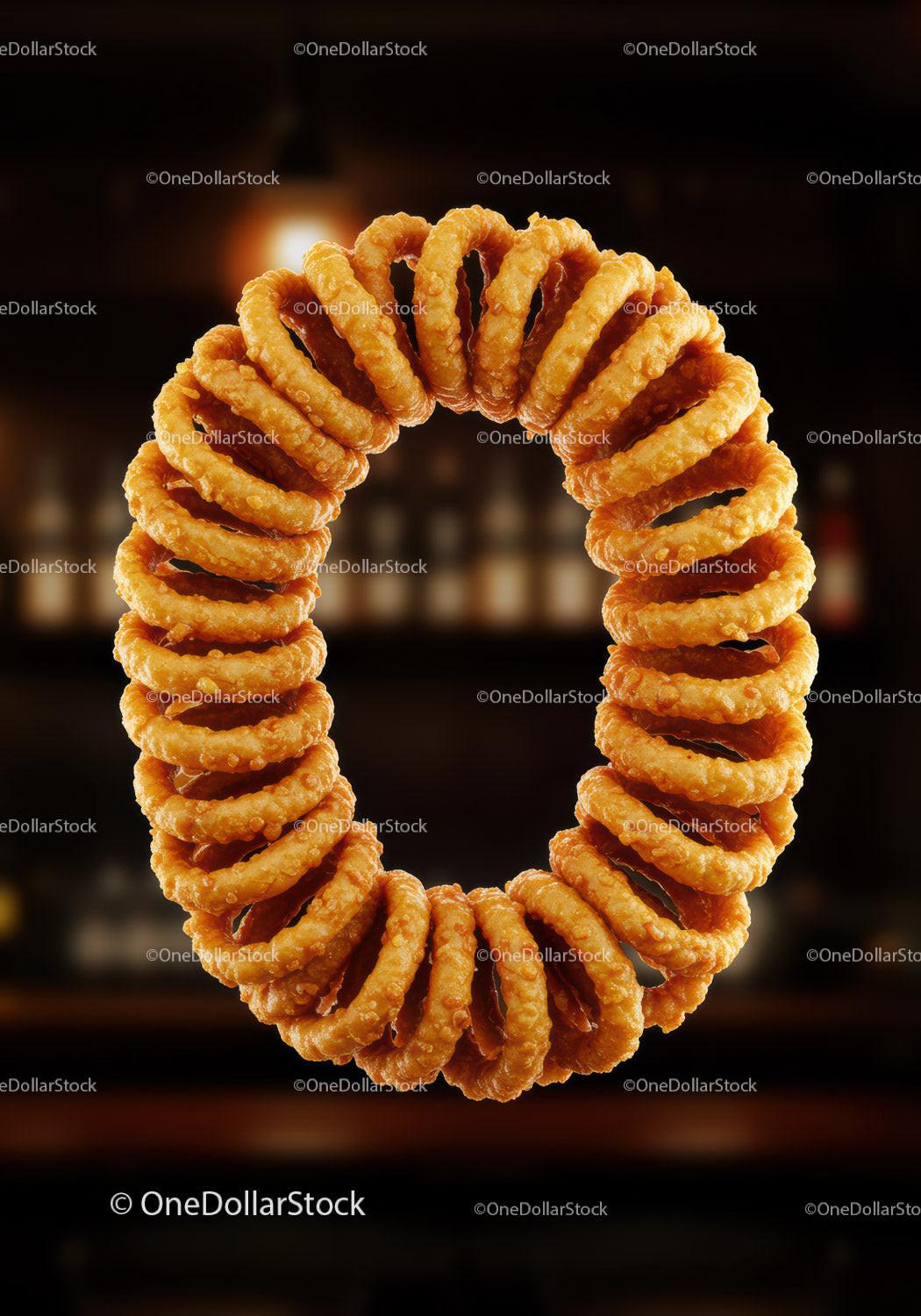 Stack of Crispy Fried Onion Rings in Dark Setting