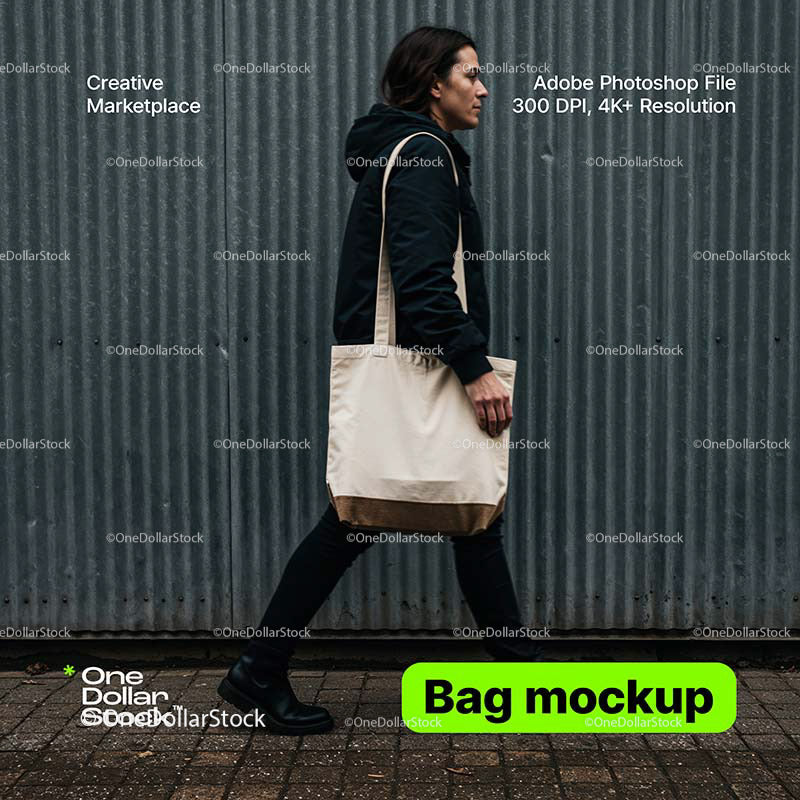 editable PSD mockup for Man walking with cloth bag
