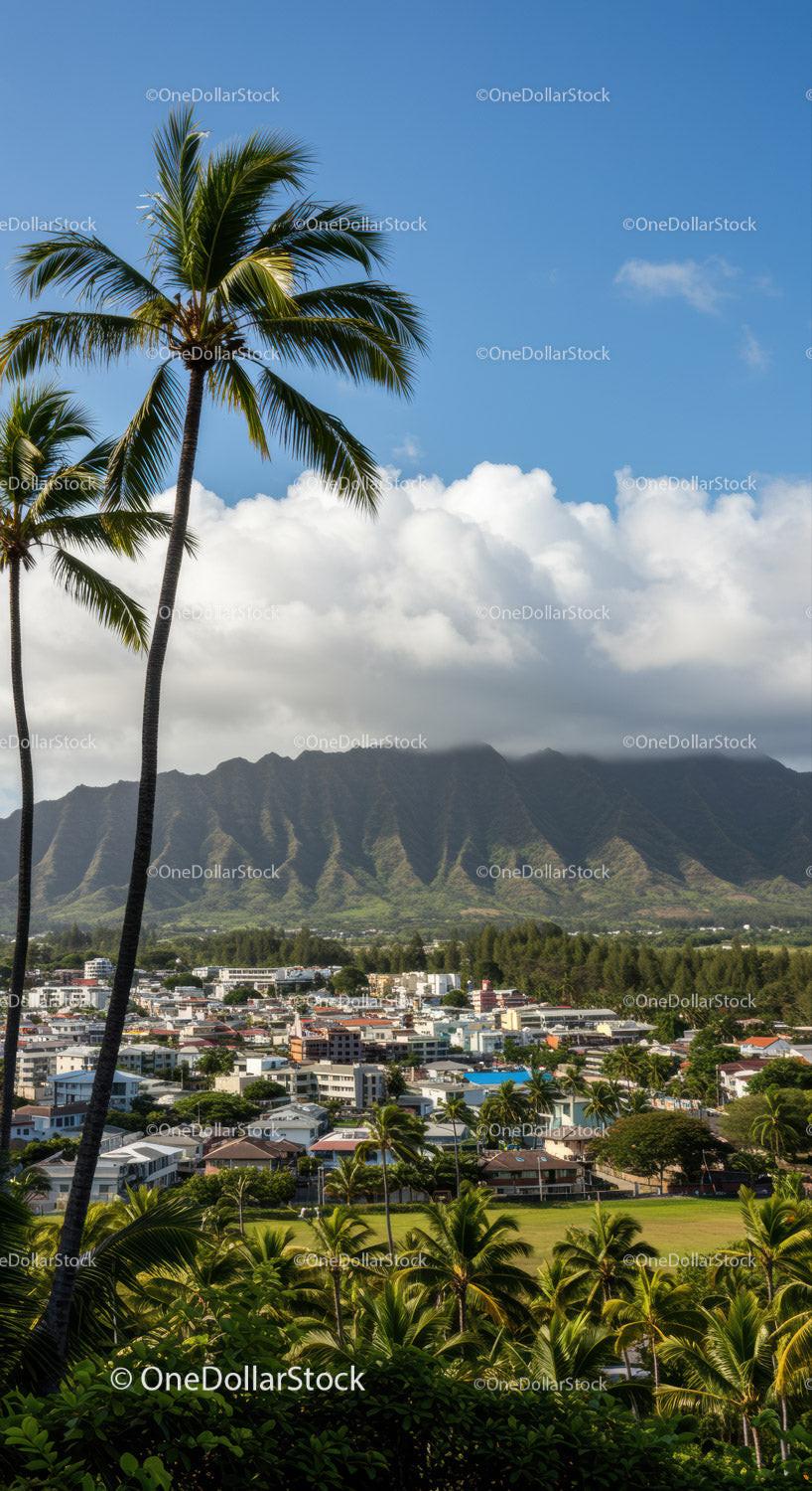 Tropical Palm Trees Overlooking Coastal City with Mountain Background