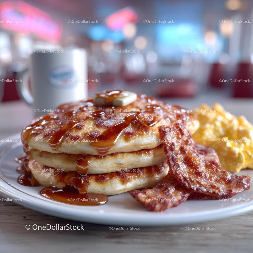 Stack of Pancakes with Syrup and Bacon on a Breakfast Plate