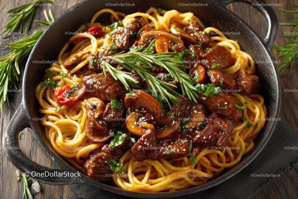 Beef and Mushroom Pasta in a Cast Iron Skillet with Cherry Tomatoes Stock Photo Bundle preview 9