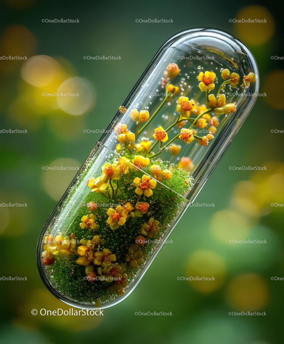 Clear capsule filled with small yellow flowers and green moss against green background