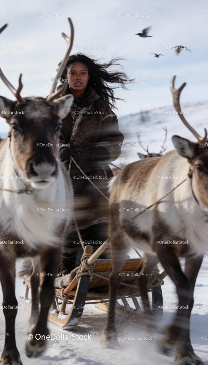 Woman driving reindeer sled across snowy landscape