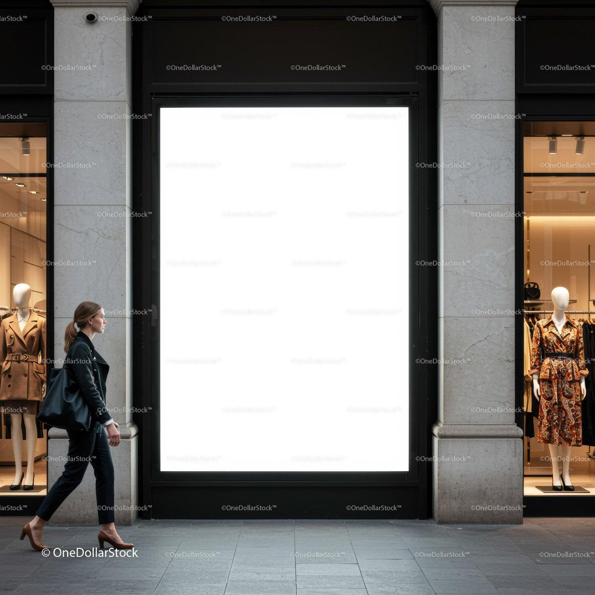 Woman walking past high end fashion store display windows JPG Mockup Image preview
