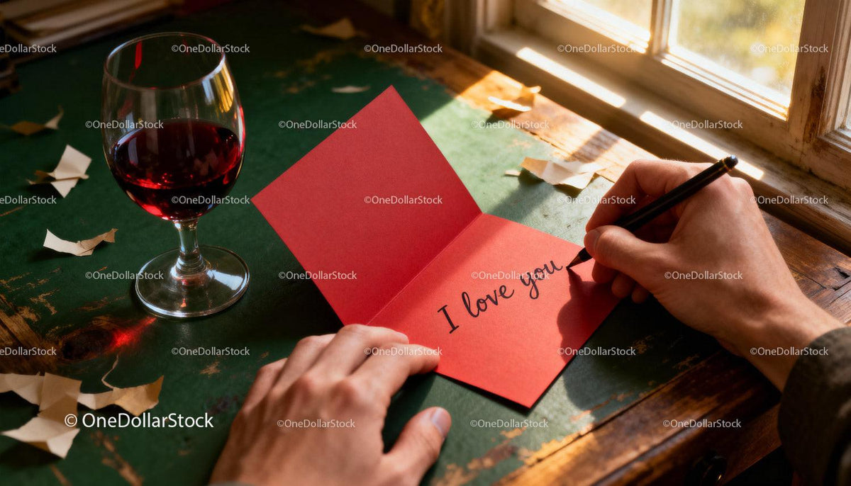 Writing a heartfelt love message in a red card