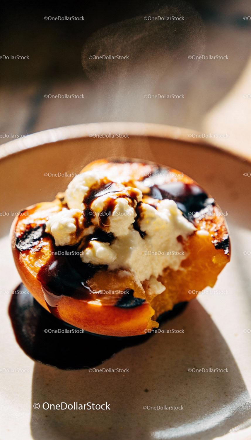 Grilled Peach with Cream and Balsamic Drizzle