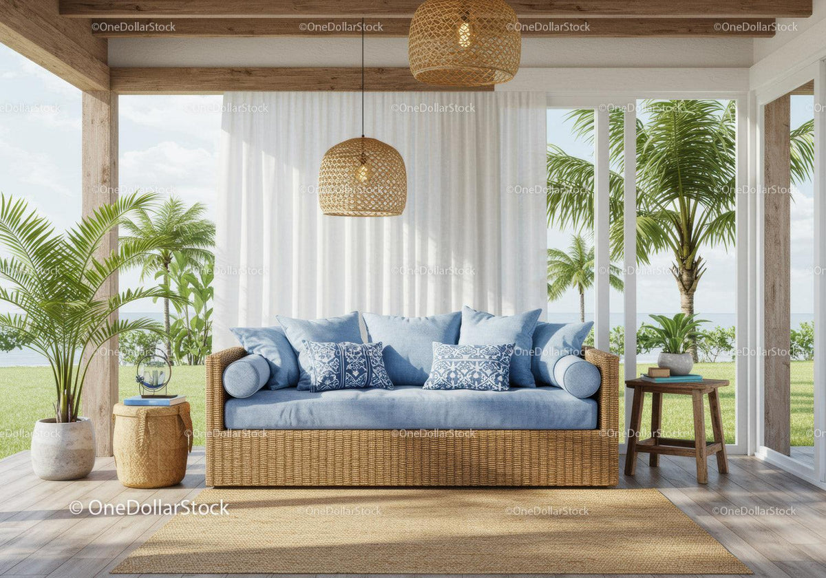 Cozy wicker sofa with blue cushions in tropical veranda