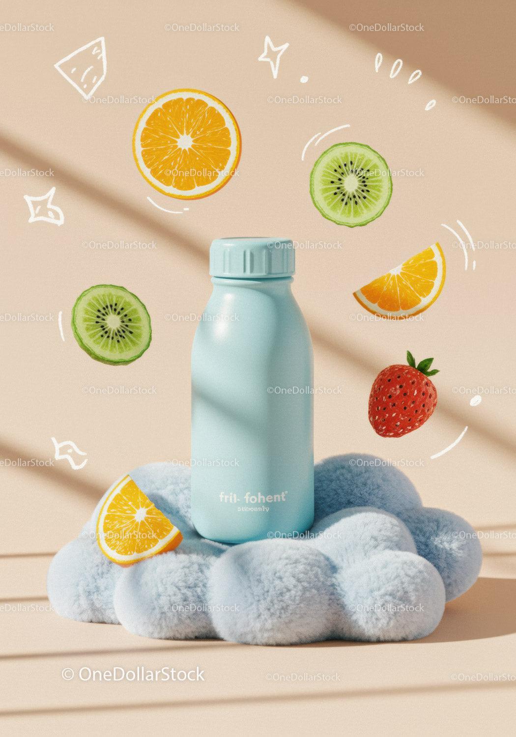 Blue Bottle on Soft Cloud with Floating Fruit Slices