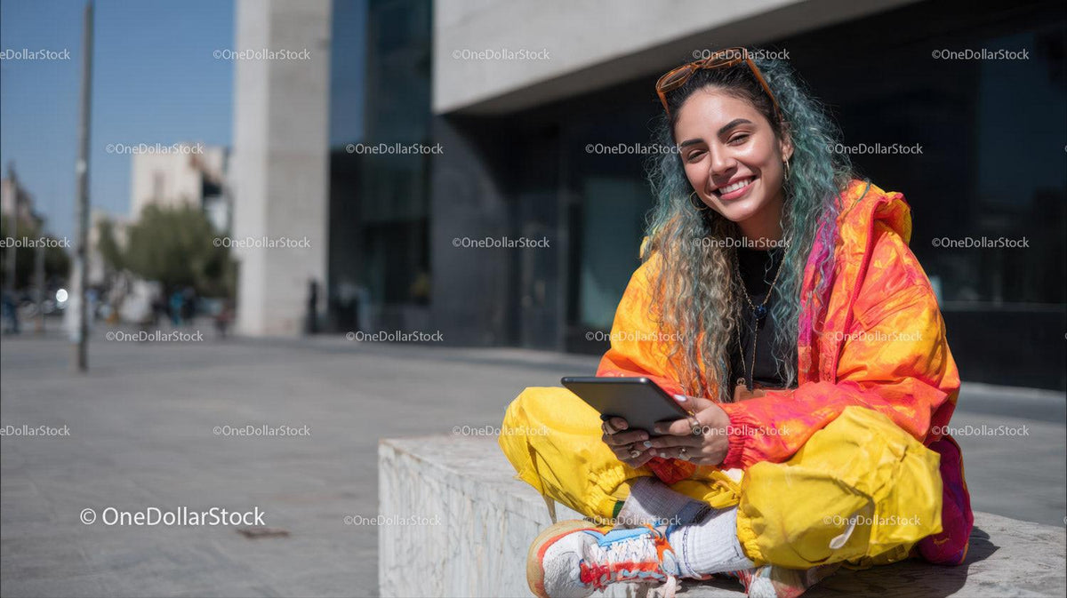 Young woman in vibrant streetwear sitting outdoors with smartphone and smiling