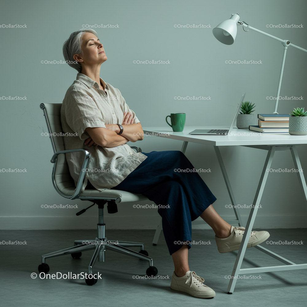 Thoughtful Woman Enjoying Peaceful Moment in Modern Office 12 JPG Files digital asset preview