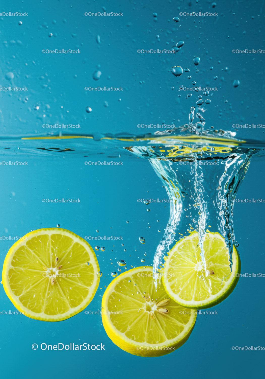 Fresh lemon slices splashing into clear blue water