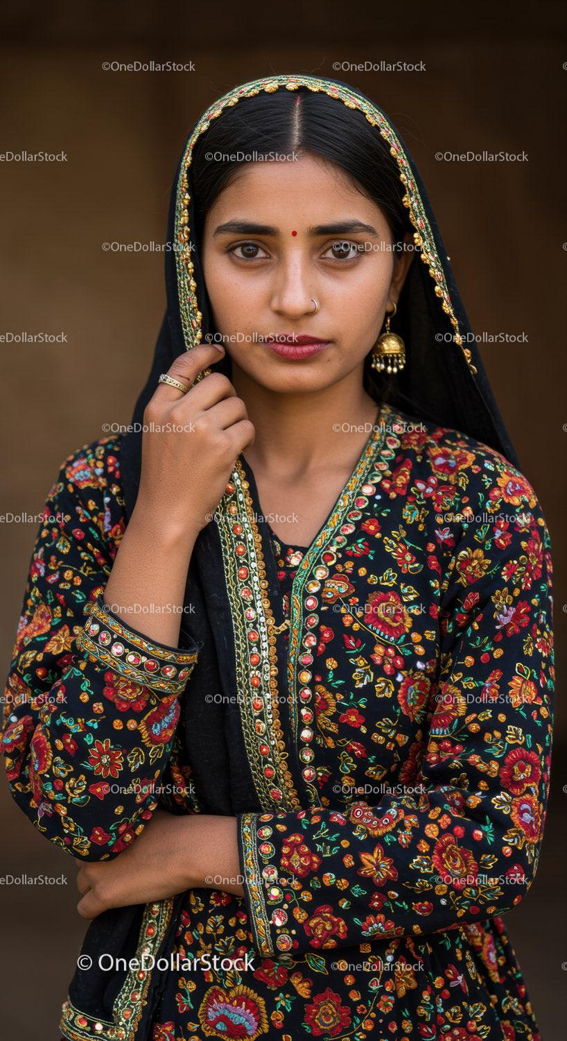 Young Woman in Traditional Embroidered Dress with Jewelry