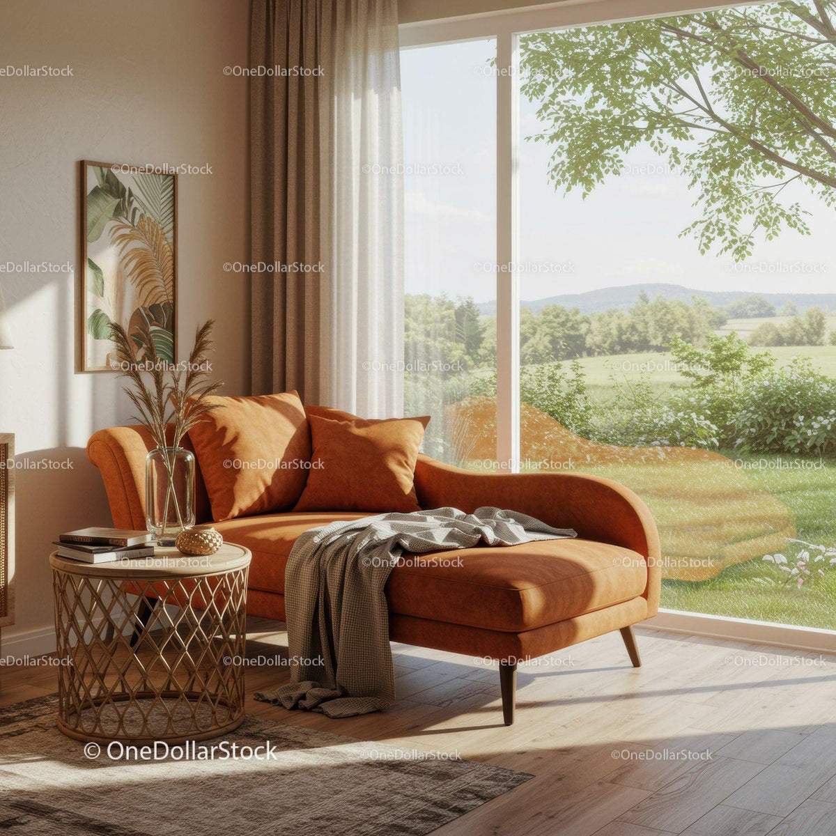 Cozy living room with orange chaise lounge and garden view