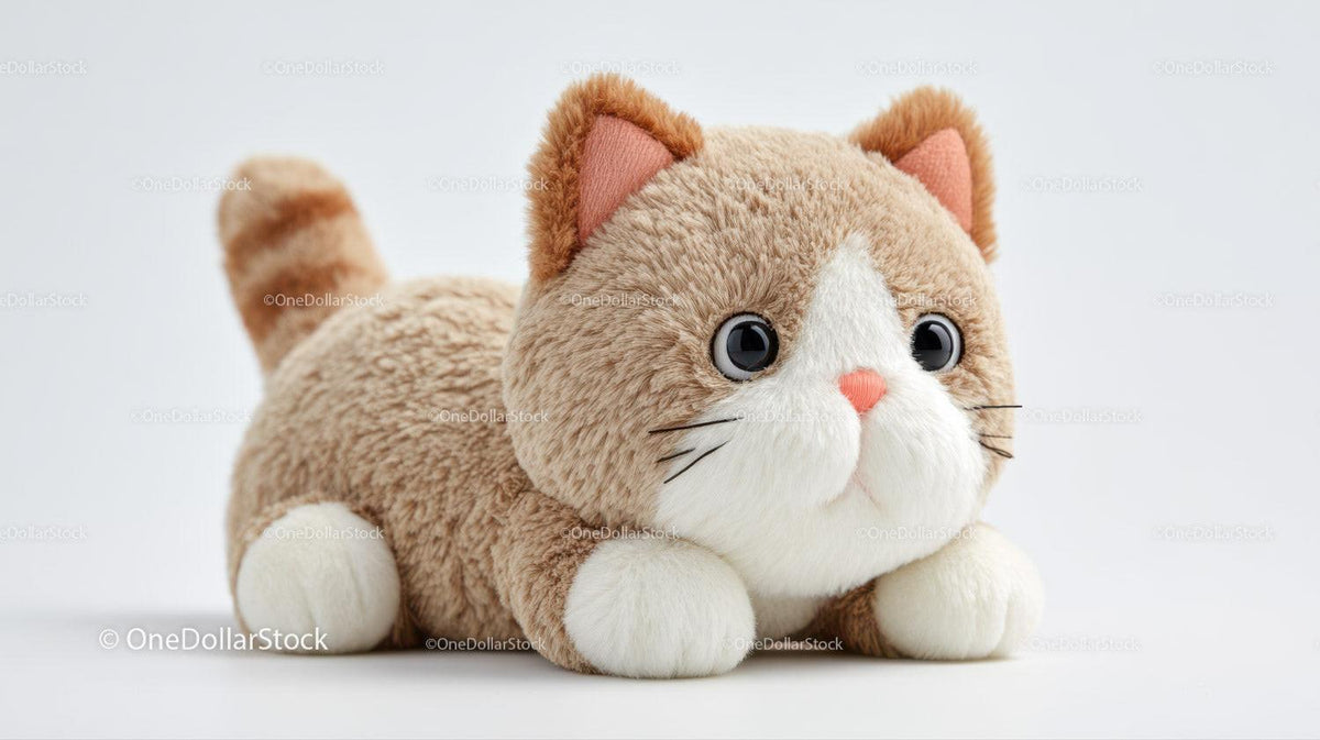 Plush cat toy with brown fur and white paws lying on white surface