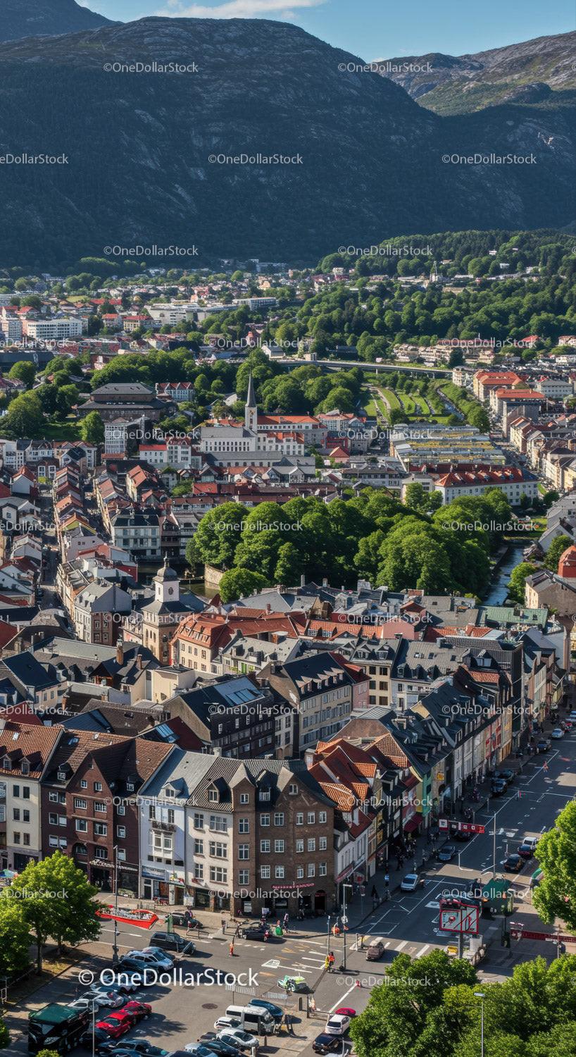 Scenic Mountain Town with Urban and Natural Landscape Views