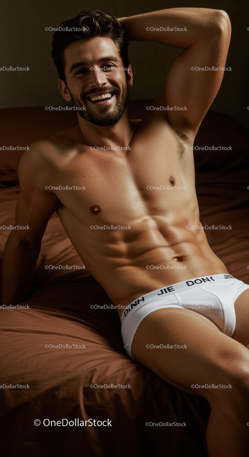 Smiling man relaxing shirtless on bed in white briefs