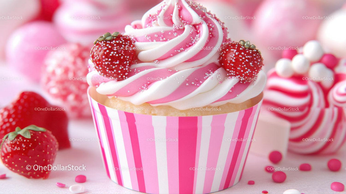 Cupcake with pink and white swirled frosting topped with strawberries in pink striped liner
