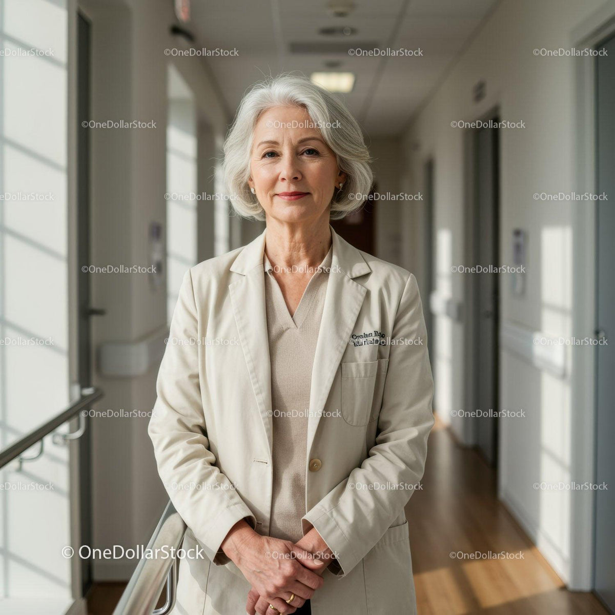 Senior Woman Doctor Standing Confidently in Hospital Corridor