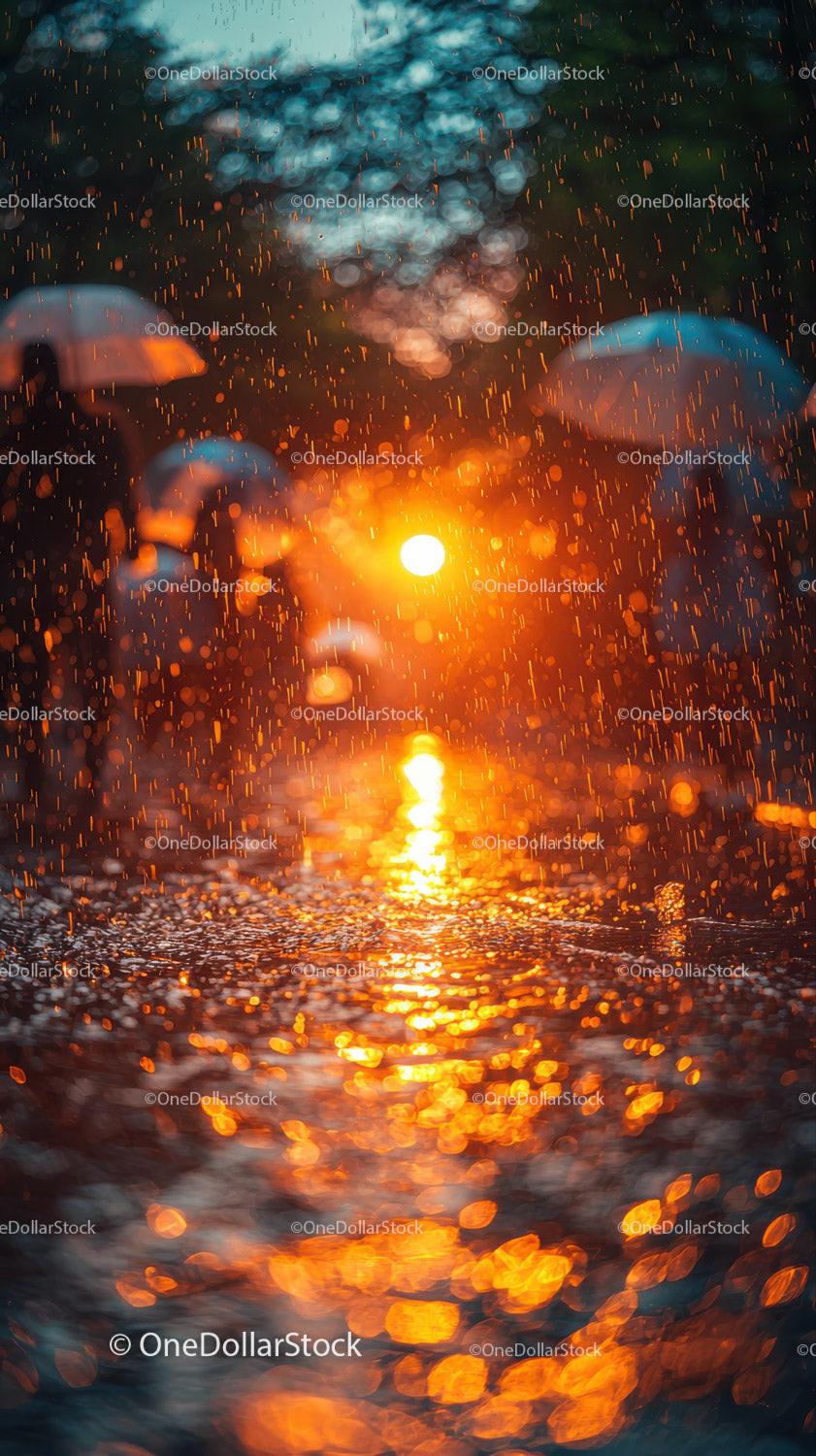 People with umbrellas walking in the rain on a city street at night