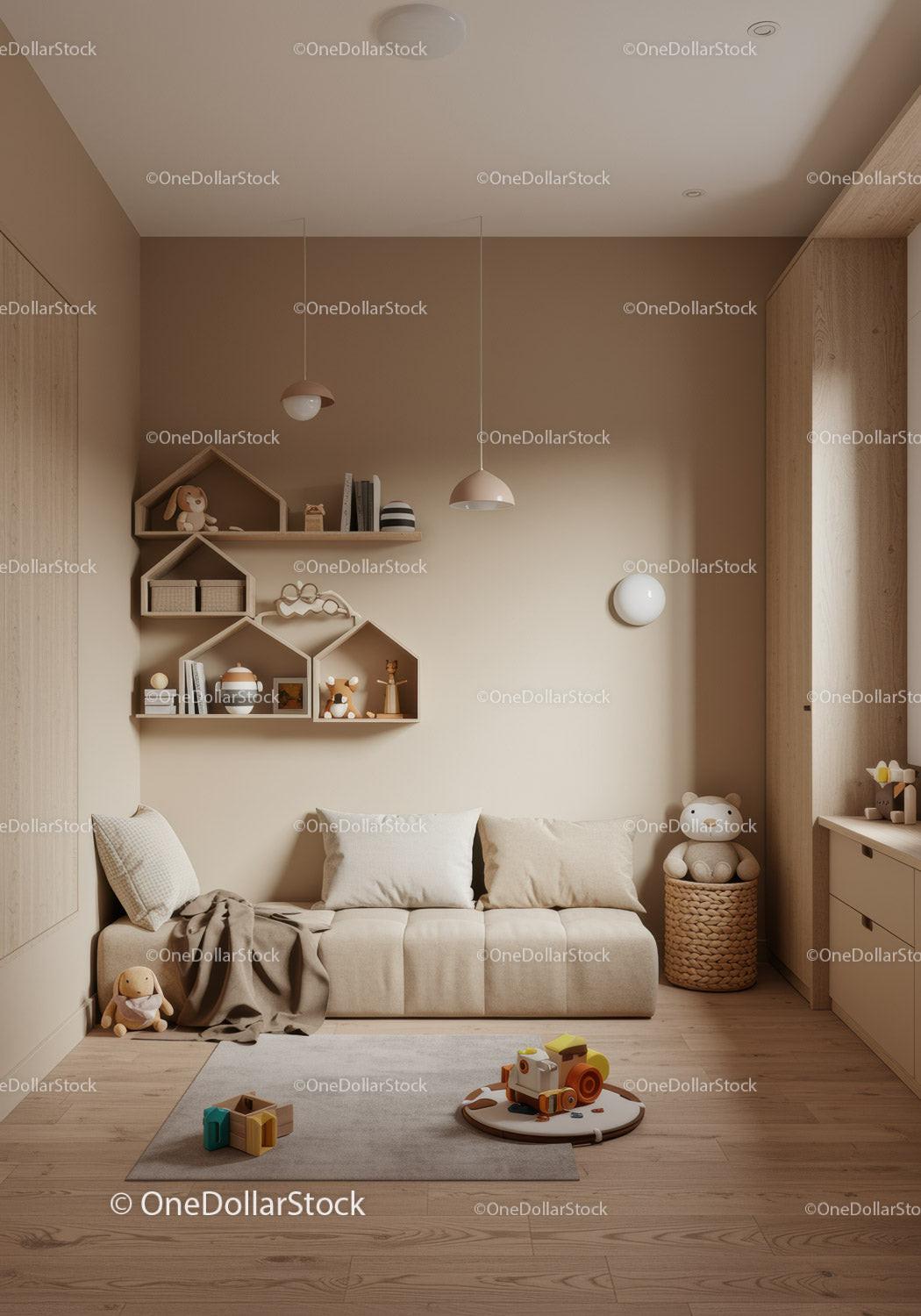 Modern Cozy Kids Room with Plush Toys and Wooden Decor
