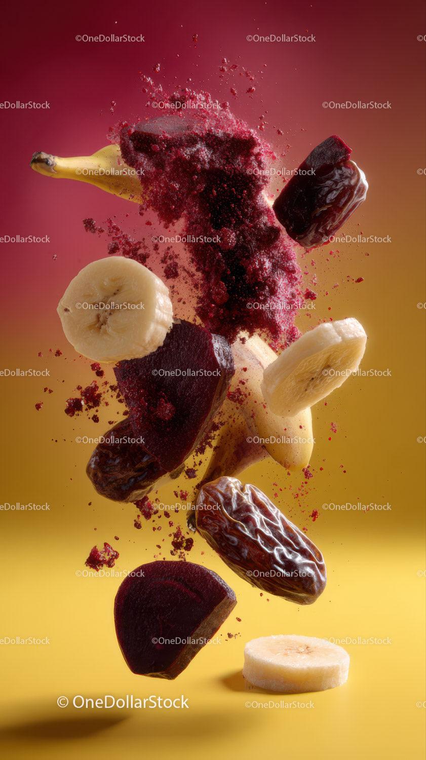 Falling Dried Cranberries and Banana Slices in Midair for Health Food