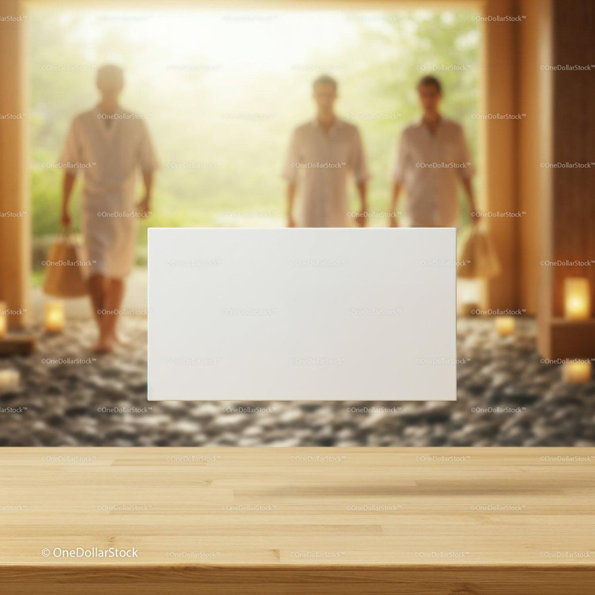 Relaxing spa retreat with guests walking inside JPG Mockup Image preview