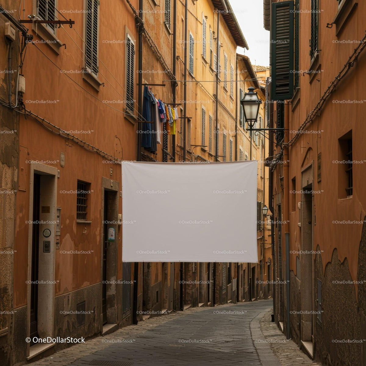 Narrow European Alley with Hanging Blank Banner JPG Mockup Image preview