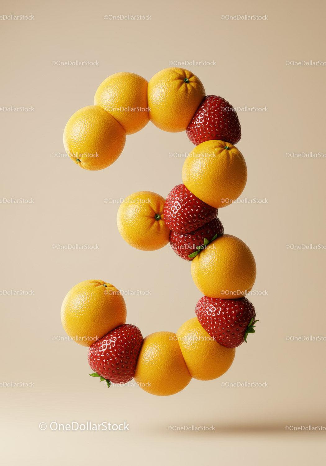 Number Three Composed of Oranges and Strawberries