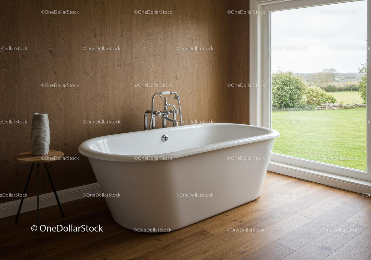 Modern Freestanding Bathtub in Bright Wooden Bathroom with Scenic View