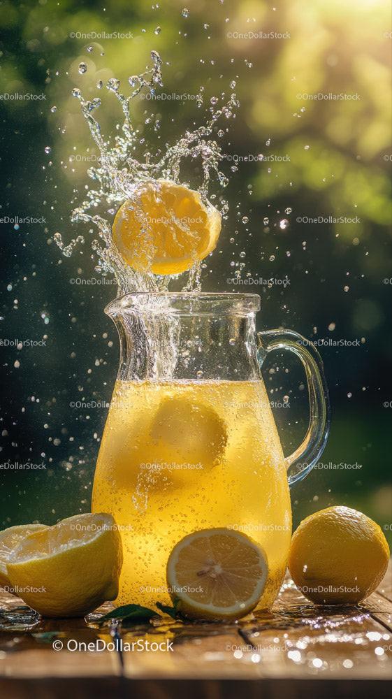 Fresh Lemonade with Sliced Lemons in a Glass Pitcher on Rustic Wooden Surface Stock Photo Bundle preview 14